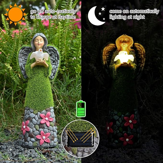 ASAWASA Angel Garden Figurine - Outdoor Statue, Solar Garden Sculpture with Angel of Peace Resin Praying Angel Art Decor for Patio, Lawn, Yard, Porch