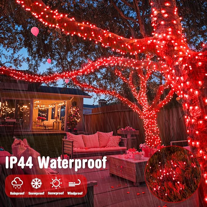 JMEXSUSS 250 LED Red String Lights, 91.5ft Expandable, Waterproof, 8 Modes, Indoor/Outdoor, Christmas Tree, Patio, Bedroom, Party, Holiday Decorations