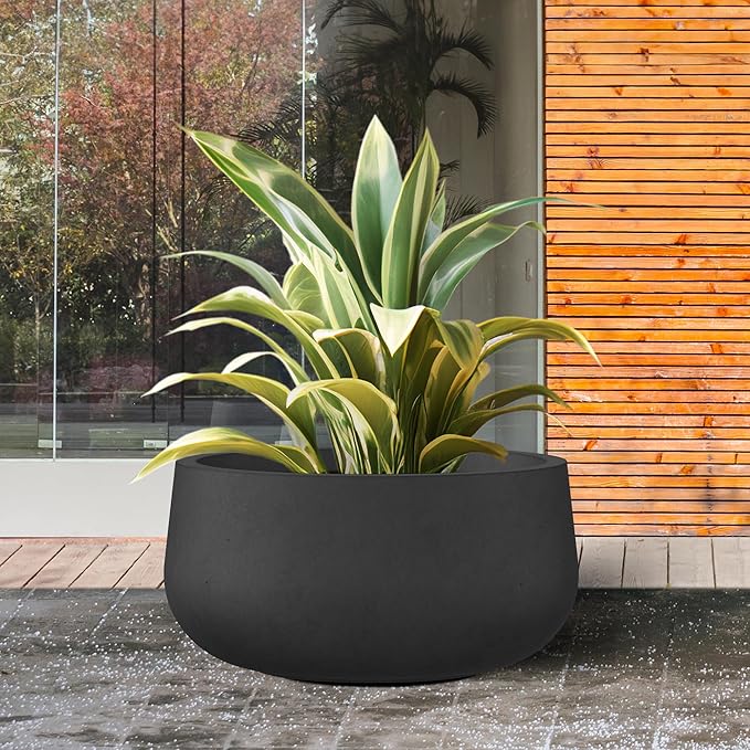 Kante 15.7" Dia Round Concrete Planter, Outdoor Indoor Garden Plant Pots with Drainage Hole and Rubber Plug, Modern Curvaceous Design, Black
