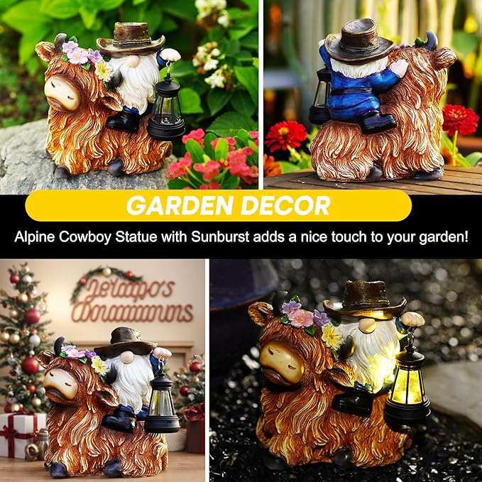 Solar Highland Cow Gnome Garden Decorative Statue - Detachable Lantern - Outdoor Fun Decoration, Suitable for Patio, Back Porch, Table Ornaments, Unique Housewarming, Birthday Gifts for Women, Mom