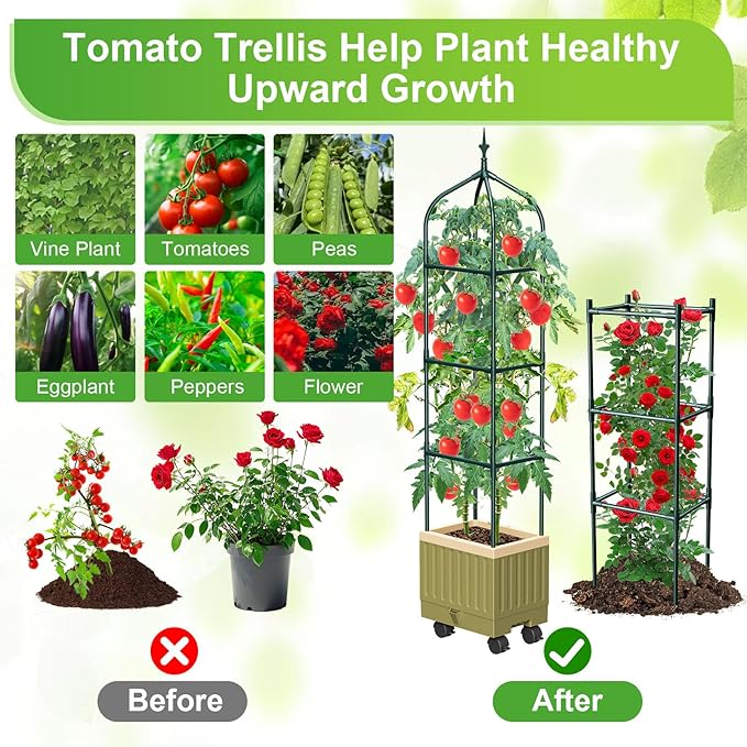 Raised Garden Bed Planter Box with Trellis, 71" Self-Watering Tomato Planter with Wheels for Climbing Vegetable and Plants, Tomato Cage Planters for Indoor Outdoor Patio Greenhouse Gardening (1Pack)