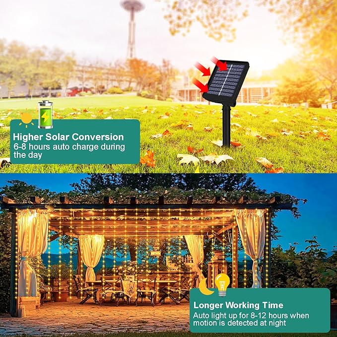 Solar Curtain Lights 7.9ft x 6ft 144 LED Outdoor Curtain Lights Waterproof with Timer 8 Modes for Christmas Garden Patio Fence Wedding Wall Window Gazebo Decor - Warm White