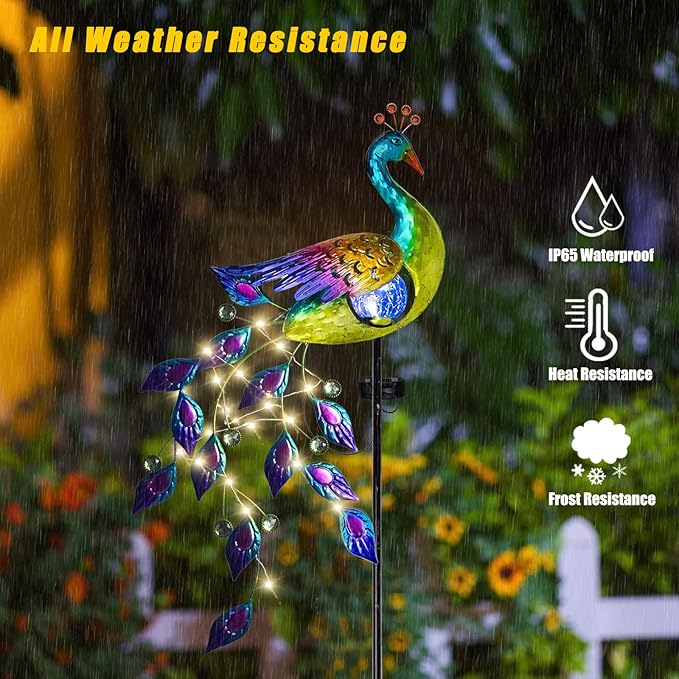 DREAMSOUL Solar Garden Lights Outdoor, Metal Peacock Decor Solar Lights Garden Stakes with Led String Lights, Waterproof Crackle Glass Ball Landscape Path Light for Lawn Patio