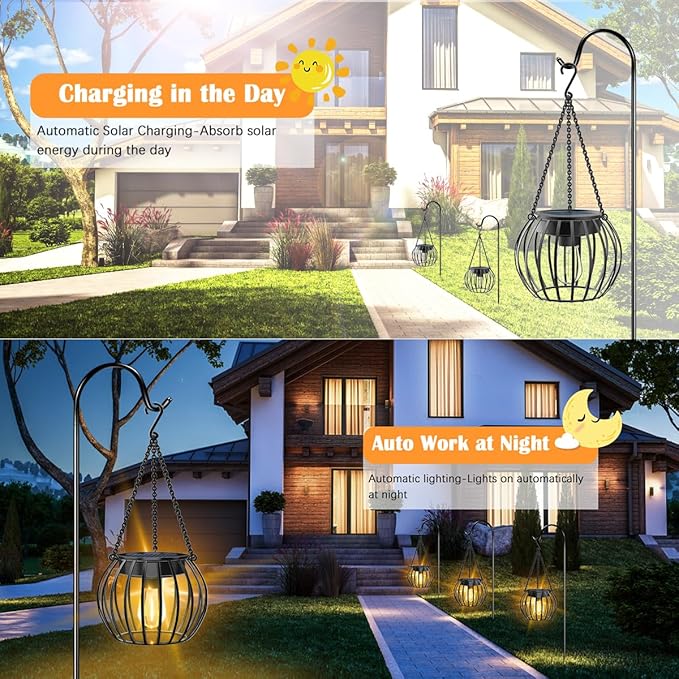 UBright Solar Lights Lanterns Outdoor Waterproof Hanging Solar Garden Lights for Outside Outdoor Lanterns Decorative for Yard Patio, 2 Pack