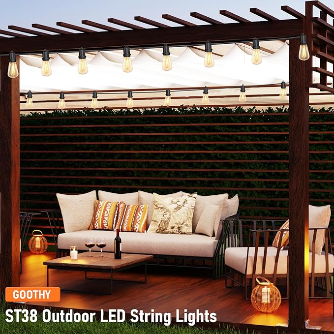 GOOTHY LED Outdoor String Lights 50Ft Outdoor Patio Lights with 27 Shatterproof ST38 Vintage Edison Bulbs, Commercial Grade Decorations Light Weatherproof for Backyard Porch Garden Wedding