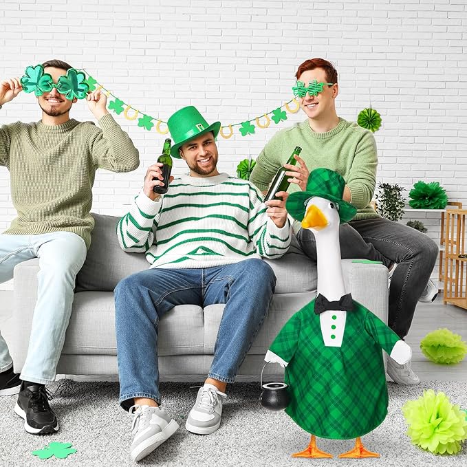 St Patrick's Green Plaid Goose Outfit Lawn Porch Goose Clothes 23 Inch St Patricks Day Outdoor Patio Yard Lawn Art Decoration