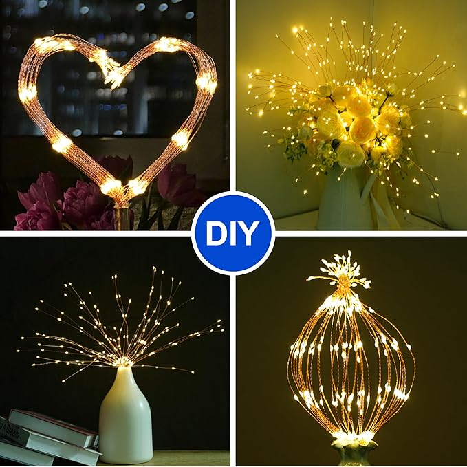Solar Firework Lights Outdoor, 600 LED Starburst Light Outdoor with USB Rechargerable, 8 Modes Waterproof Solar Hanging Lights for Gazebo Yard Party Wedding Decorations (Warm White, 600 LED)