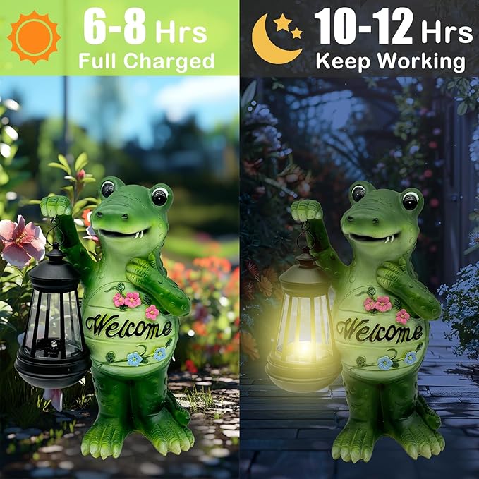 Solar Lantern Garden Alligator Statues Decor, Outdoor Crocodile Figurine Lights for Yard Patio Decoration - Unique Christmas Housewarming Gift for Grandma Wowen Mom