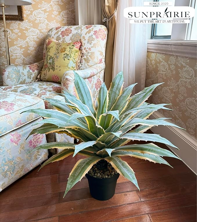 SUNPRAIRIE 32 Inch Tall Large Faux Agave Plant with Two-Tone Sawtooth Edged Leaves; Planted in Black Pot with Real Stone Pebbles. Large Artificial Plants Indoor and Outdoor.