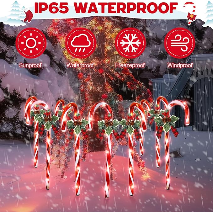 Hiboom Christmas Candy Cane Lights, 10 Pcs 21 Inch Pathway Markers Lights with Stakes, Christmas Driveway Lights End to End Connected for Xmas Holiday Party Walkway Patio Garden Decor (Red and White)