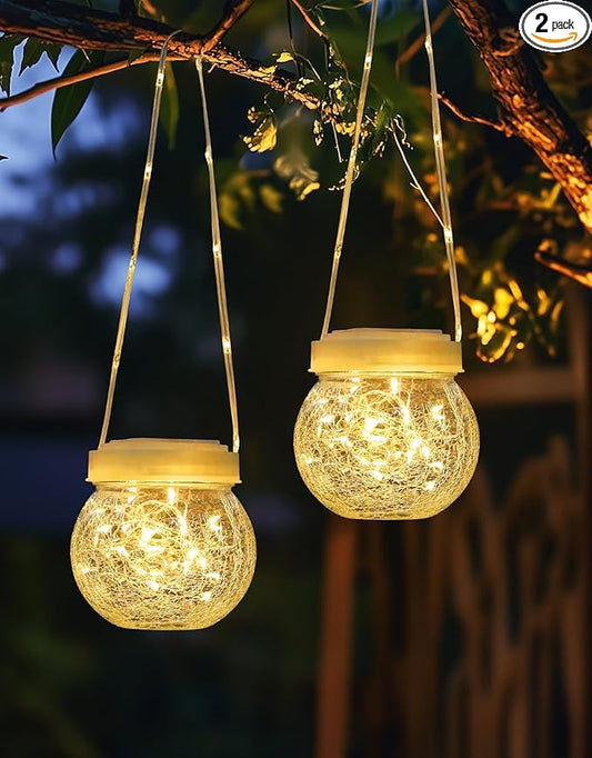 Solar Lantern Solar Lights Outdoor Waterproof 2-Pack, Solar Powered Hanging Lights Cracked Glass Hanging Globes for Christmas Decoration, Shepherd Hook, Garden Tree Ornaments, White Cap, Warm White