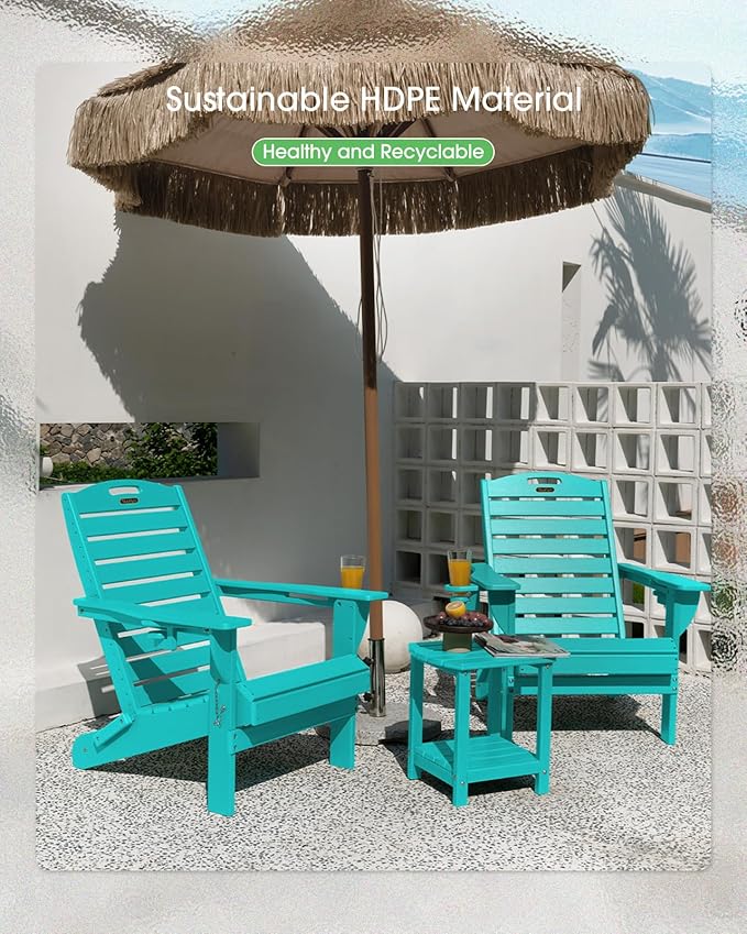 Adirondack Chairs Set of 4, Outdoor Fire Pit Chairs, HDPE All-Weather Adirondack Chairs with Cup Holder, Lawn Chair for Deck, Patio, Garden (Lakeblue)