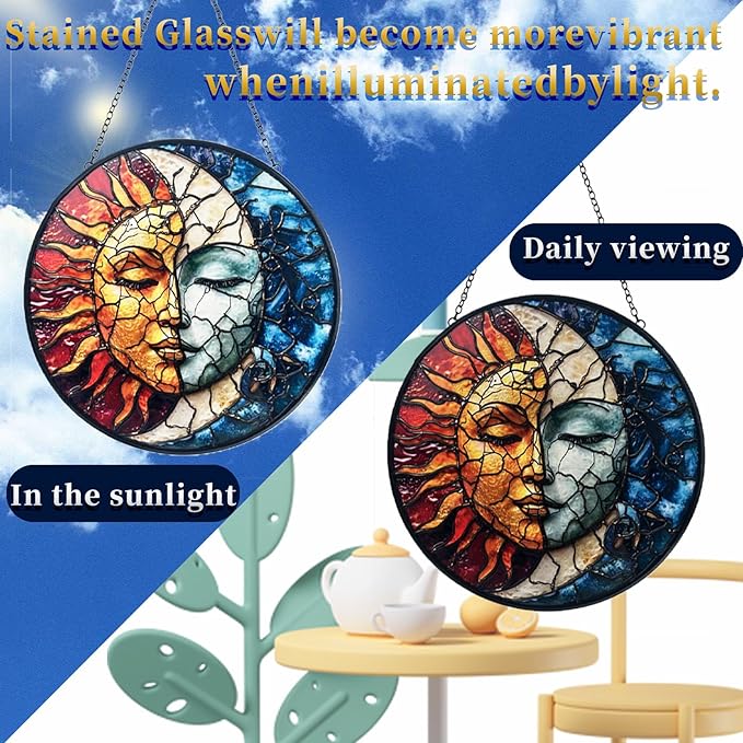 Sun and Moon Decor Suncatcher Stained Glass Window Hanging - Handmade Stained Glass Suncatchers Hanging Decoration with Metal Chain - Outdoor Garden Decor Gift for Women Christmas Thanksgiving Gifts