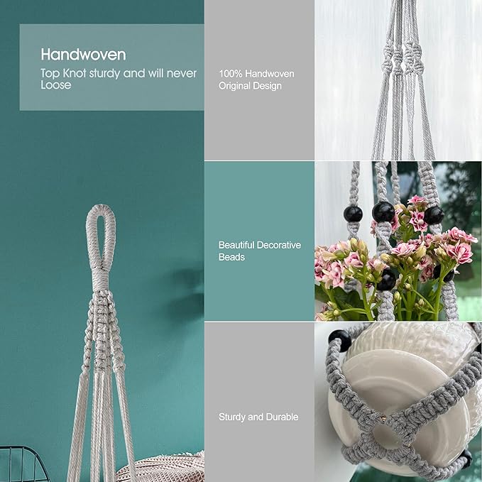 Macrame Plant Hanger for 5 to 10 Inch Plant Pots, Set of 2 Indoor Handmade 35 Inch Woven Rope Hanger Kits with Hooks and Wood Beads, Hanging Planter Basket Holder for Boho Home Decor (Grey, 2 Pack)