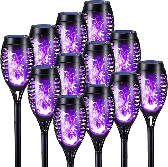 Toodour Solar Torch Flame Lights, 12 Pack Outdoor Flickering Flame Waterproof Pathway Lights Landscape Decoration for Garden, Lawn, Yard - Purple