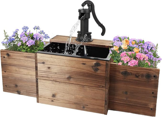 Outdoor Water Fountain,Floor Wooden Rectangular Pump Old-Fashioned Fountain with Flower Box,Electric Decorative Hand Pump, Outdoor Water Feature for Garden Patio Backyard
