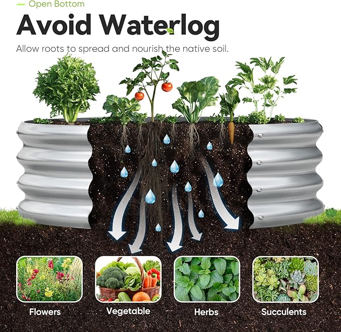 KING BIRD Raised Garden Bed Galvanized Round Planter Box Outdoor for Gardening, Plants, Vegetables, Flowers, Silver, 47x47x12 in 2 Packs