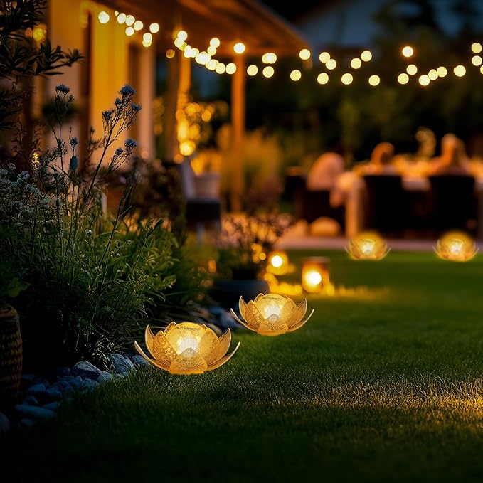 Solar Lights Outdoor Waterproof Lotus Flower Metal Yard Art Decoration Crackle Globe Glass Solar Lamp Garden Decor for Outside, Flowerbed Lawn Patio Porch Pathway Pond Decorations
