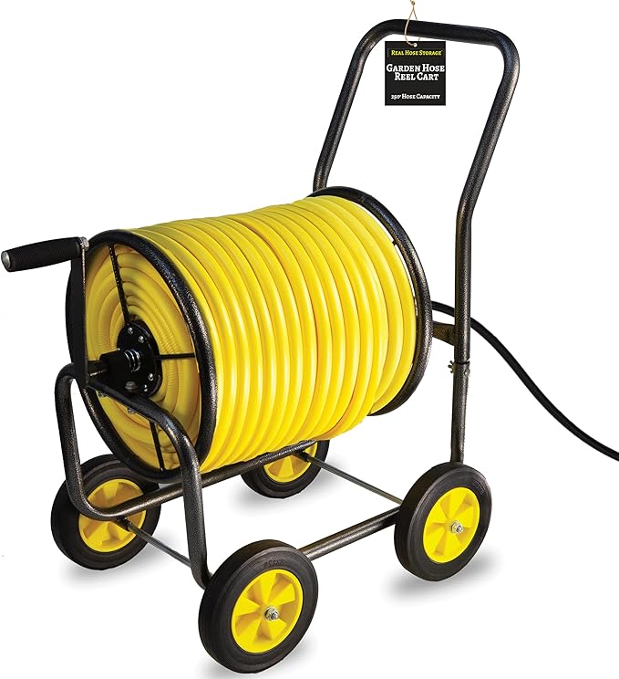 Garden Hose Reel Cart, Heavy Duty Steel Reel with Wheels, Garden Hose Holder for Outside, Backyard, or Lawn, Mobile Garden Cart Holds Up to 250 ft of 5/8’’