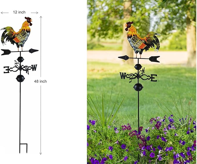 Westcharm 48 in. Crowing Metal Rooster Weathervane | Wind Wheel Decorative Garden Stake with Rooster Ornament | Chicken Garden Weather Vane
