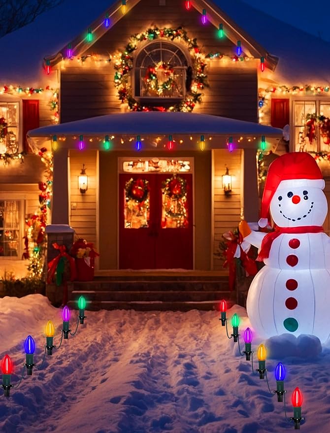 C9 LED Christmas Pathway Lights Outdoor 38Ft 25 LED C9 Multicolor Bulbs Christmas Pathway Stakes Lights, Connectable Outdoor Christmas Walkway Lights for Yard Patio Sidewalk Driveway Garden Lawn Decor
