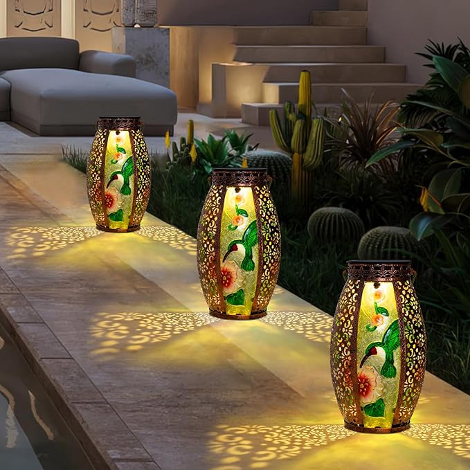 Larekook Outdoor Solar Lantern-Waterproof Hummingbird Hanging Metal Decorative Lights for Patio Table Garden Pathway Yard with Super Bright Warm White LED,Large Solar Panels,Auto On/Off Sensor