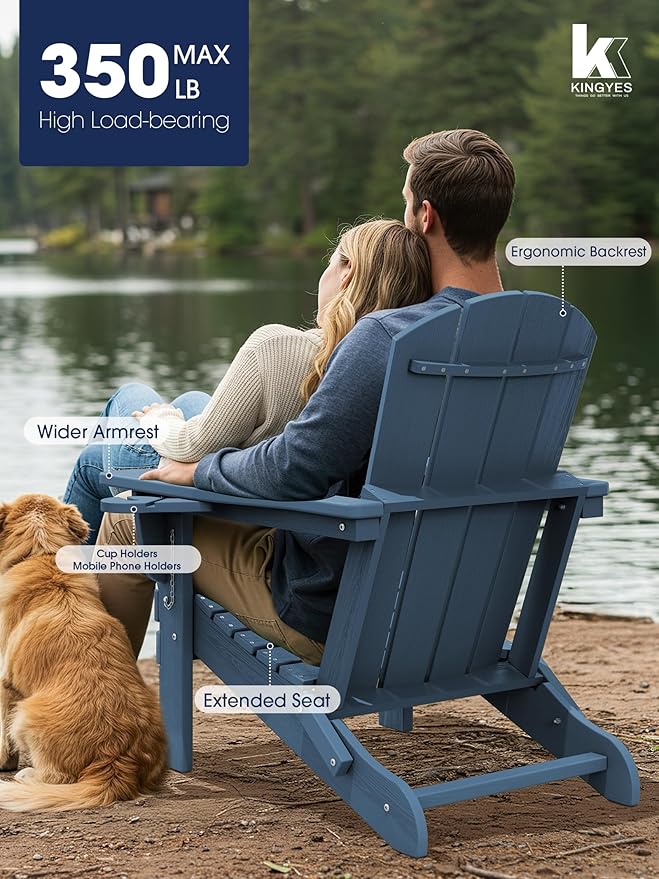 KINGYES Folding Adirondack Chair Set of 2, Dual Cup Holders & All-Weather HDPE, Wood-Like Patio Chair for Backyard, Camping, Pool & Fire Pit, Navy