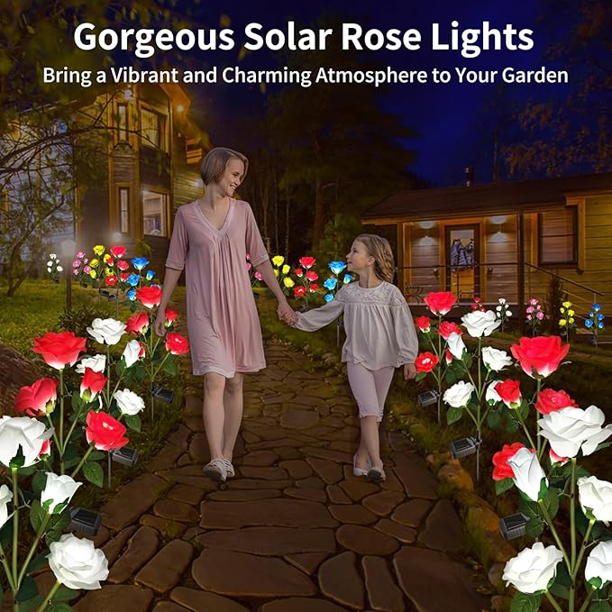 Solar Garden Lights, Solar Outdoor Lights with More Realistic 20 Rose Waterproof Solar Powered Flowers Lights for Outside Patio Yard Pathway Decorations, White and Red