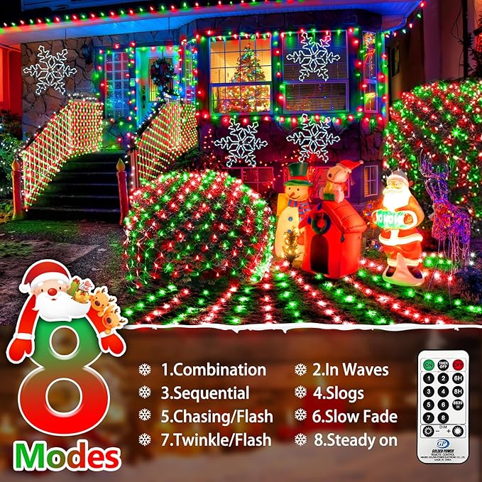 KNONEW Christmas Net Lights 360 LEDs 13ft x 9.8ft Outdoor Mesh Lights Connectable Waterproof 8 Modes & Timer Plug-in Net Fairy Lights for Bushes Garden Party Wedding Holiday,Red and Green