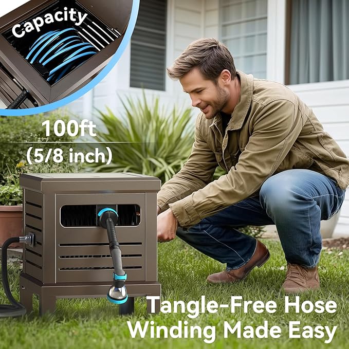 Hose Reel, Heavy Duty Hose Reel Box Hideaway Holds 100 ft x 5/8" Hose, Never-Leak System, Manual Crank Handle, Hose Guide, Stable Foot Pedal, Ideal for Yards, Patios, and Garden Sheds