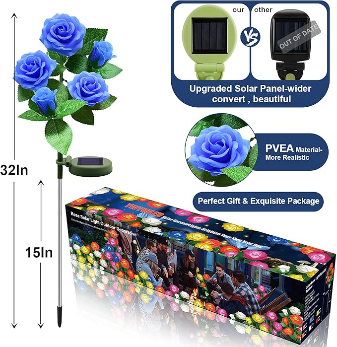 Solar Flower Lights Outdoor - Upgraded New Material Two Modes Realistic LED Solar Powered Waterproof Lights with 5 Roses, Solar Decorative Stake for Garden (Blue, 2 Pack)