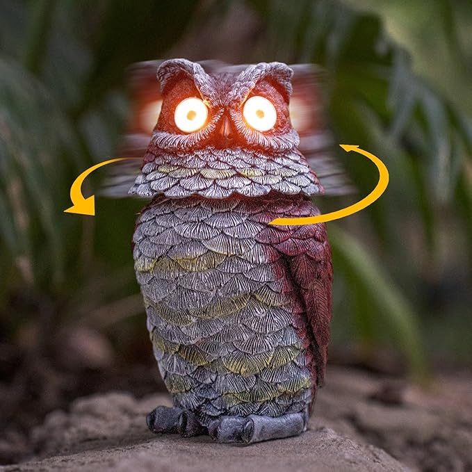 Garden Owl Statue - Resin Owl Figurines with Solar Powered Light Eyes and Spring Head Outdoor Owl Decorations for Patio Yard Porch Lawn, Ornament Gift