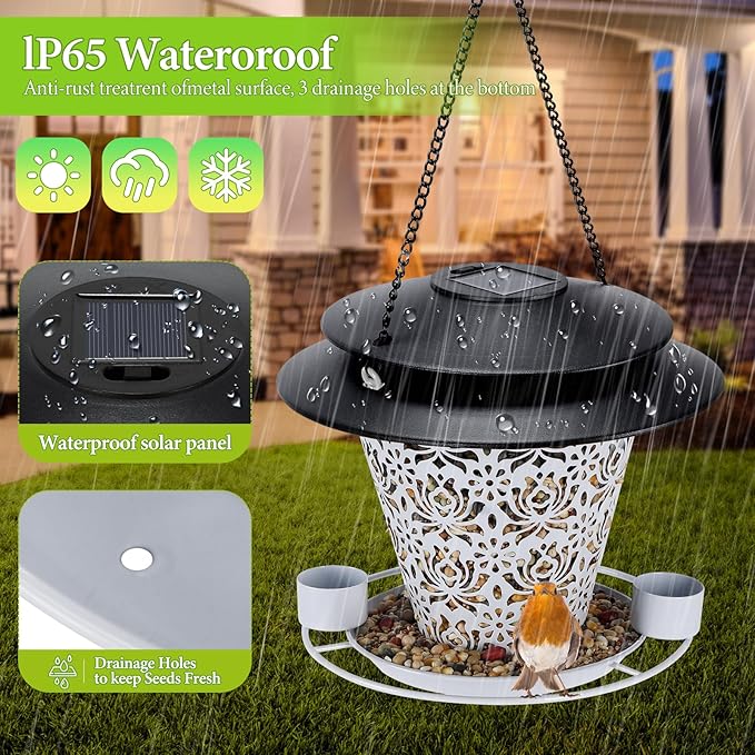 Solar Bird Feeders for Outside Hanging Metal Wild Bird Feeder Solar Lanterns Outdoor Waterproof Garden Decor for Yard White