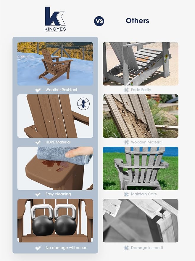 KINGYES Folding Adirondack Chair Set of 2, Dual Cup Holders & All-Weather HDPE, Wood-Like Patio Chair for Backyard, Camping, Pool & Fire Pit, Brown