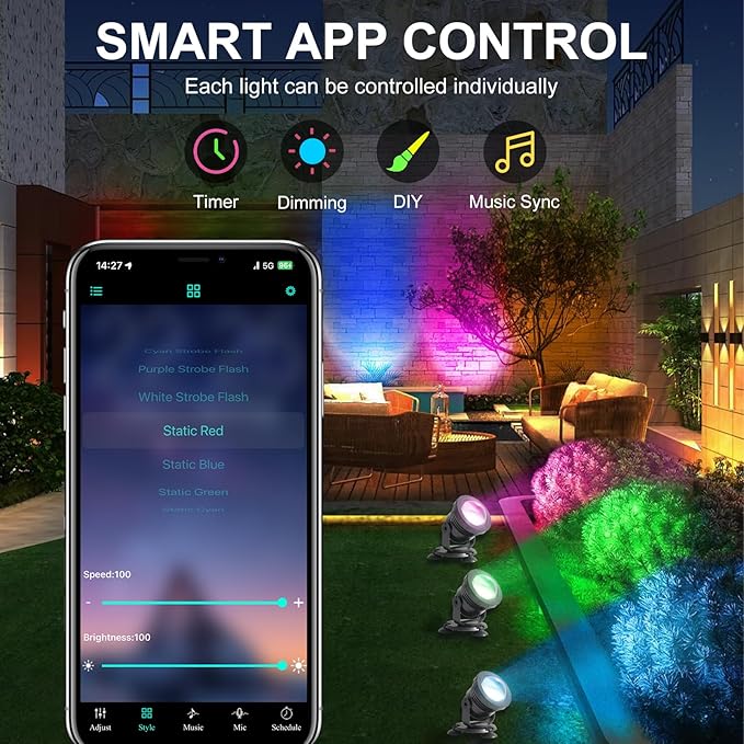 Smart APP Outdoor Landscape Spotlights IP68 Waterproof, RGB Color Changing Music Sync LED Landscaping Lights, Suction/Insertion Type Low Voltage Landscape Lighting for Christmas Halloween Decorations