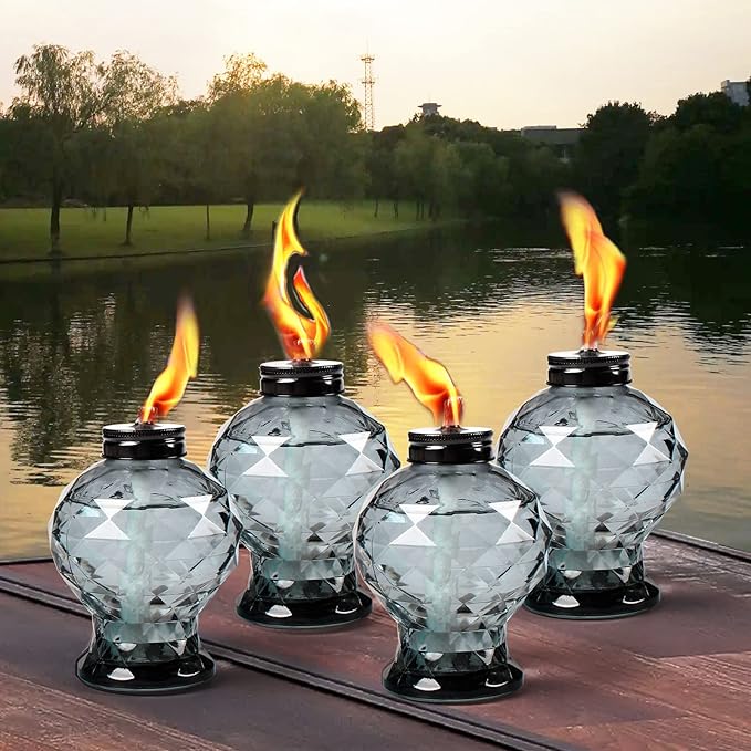 4 Pack Glass Table Torch,Citronella Glass Table top Torches with Wick and Cap for Outdoor ,Refillable Torches Landscape Lanterns Torches for Yard Patio Christmas Garden,Party Decor