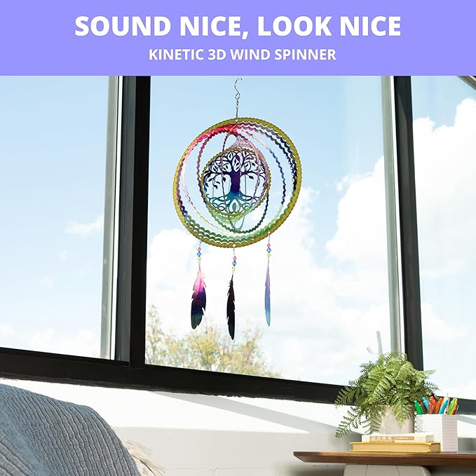 VP Home Tree of Life Dreamcatcher with Feathers Kinetic Wind Spinners - Native American Garden Decor - Sculpture Spinner for Yard and Garden Outdoor - Metal Large Hanging Dreamcatcher - 10"W x 16.5"H