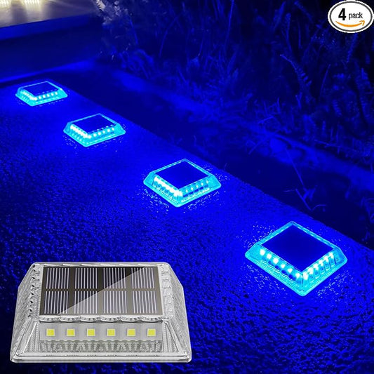 Lacasa Solar Deck Lights, 4 Pack 30LM LED Dock Lights Blue Light, Outdoor Solar Powered Step Lights Light up All Night IP68 Waterproof Auto ON/Off for Garden Stairs Driveway Pathway Lighting