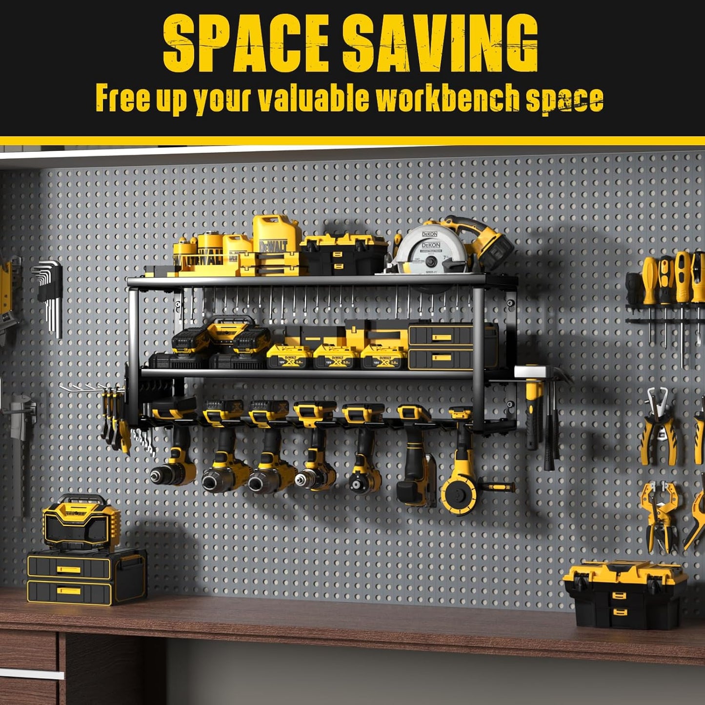 Power Tool Organizer Wall Mount for Tool Storage, Heavy Duty 7 Slots Cordless Drill Holder and Battery Shelf, Metal Tool Holder and Storage Rack with Charging Station for Garage Organization