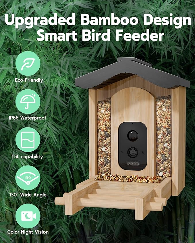 Bird Feeder with Camera, Smart Bird Feeder for Outdoors, Wild Birds Feeders with Solar Panel Bamboo Birds House Camera for Birdlovers, AI Auto Capture Birds & Real-time Notification (Gable)