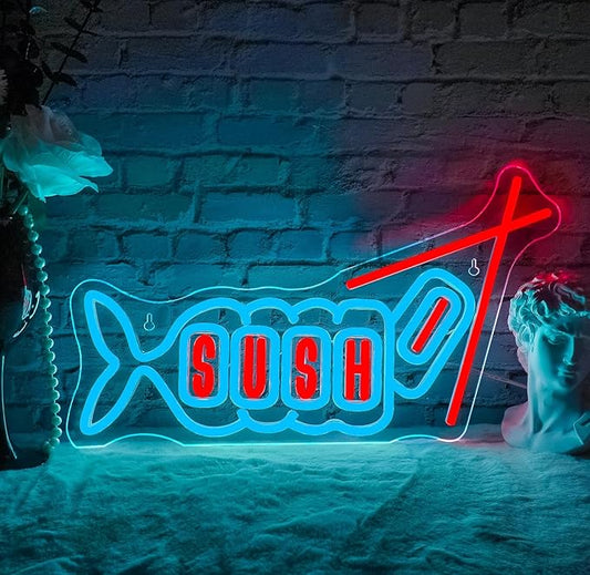WLHOPE Sushi Fish Neon Sign Neon Signs for Wall Decor Dimmable Sushi Blue Pink Neon Lights LED Sign for Sushi Shop Restaurant Hoom Kitchen Party