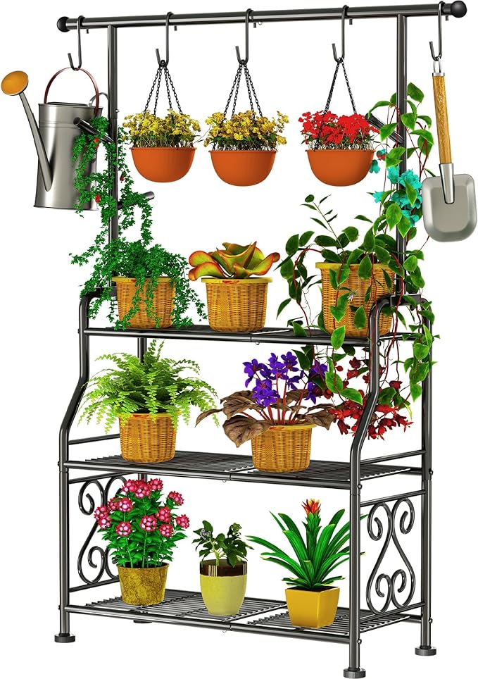 GIOTORENT Plant Stand Indoor Outdoor, 3-Tier Heavy Duty Metal Shelves, Display up to 14 Multiple Plants, Tall Plant Holder with Plant Hanger, Suit for Patio Living Room Garden Balcony, 5 Hooks, Black