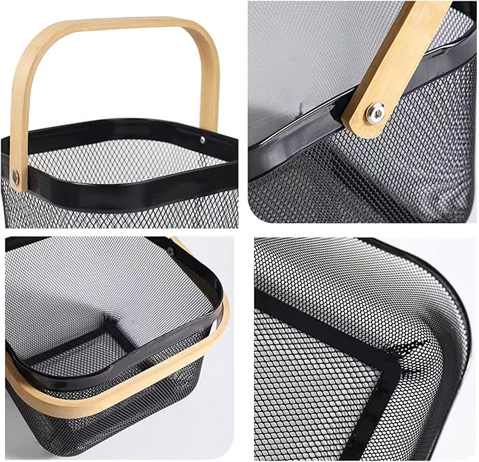 Metal Mesh Steel Basket, Storage Organizer Basket Multi-functional Hanging Kitchen Baskets Fruit Basket Bin with Bamboo Handle for Kitchen Bathroom Picnic Shopping Decor Cabinet Home, Black