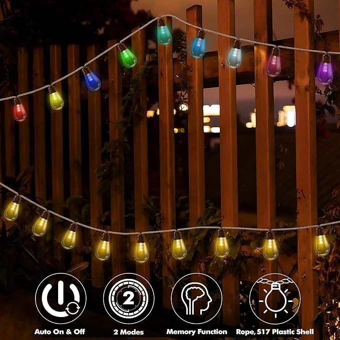 Colors Changing Solar String Lights Outdoor, 20Ft Vintage Rope Hemp Color Change Patio Lights, 16 Waterproof Shatterproof Bulbs Solar Light for Garden Yard Proch Wedding Party - Warm White & RGB