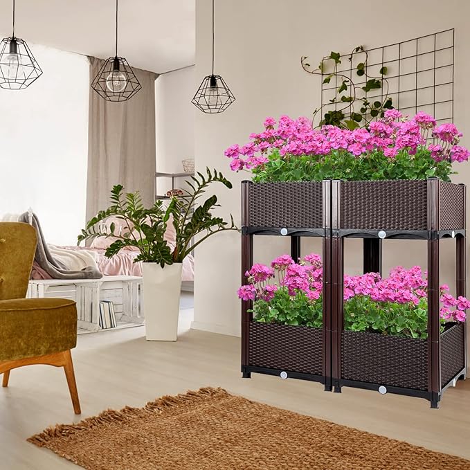 MAYOLIAH Raised Garden Bed with Drainage Elevated Planter Box Plastic Raised Beds for Gardening Vegetables Herb Flowers, Perfect for Indoor Outdoor Planting, 4 Boxes Brown