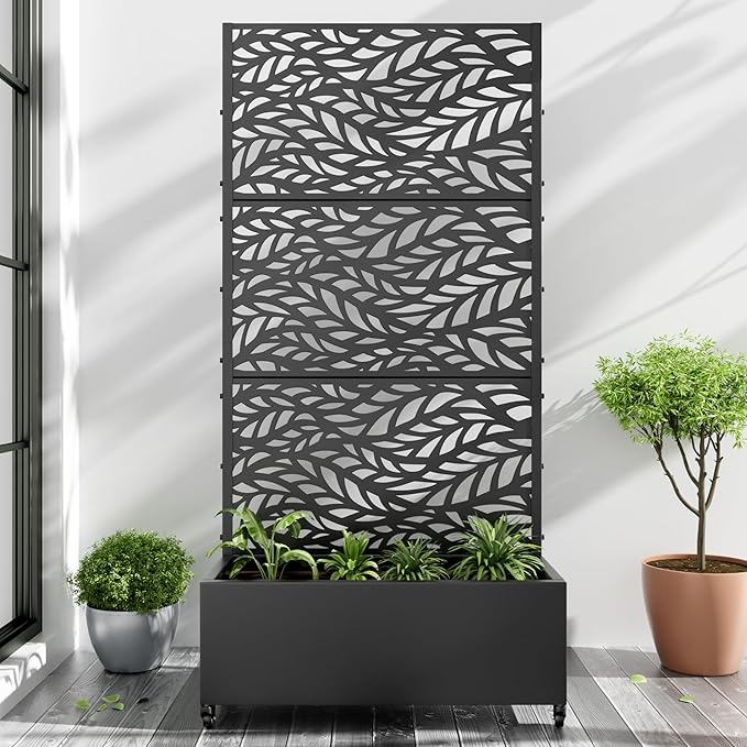 Casaphoria Metal Raised Garden Bed with Trellis and Wheels, 72"x35"x16" Planter Box for Climbing Plants, Vegetables & Vines, Features Drainage Holes and Privacy Screen (Black-Spring)