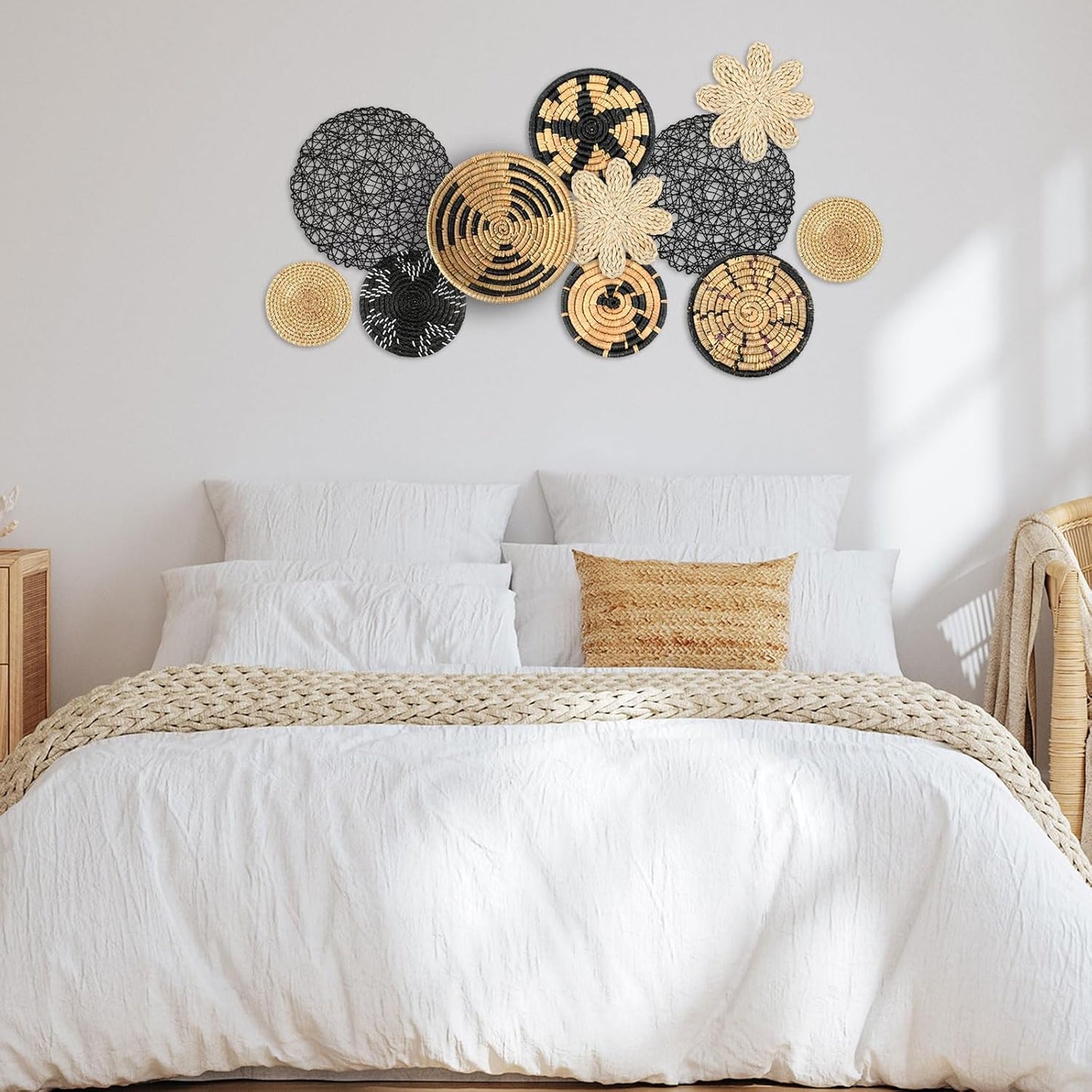 Tatuo 11 Pcs Boho Wall Basket Decor Decorative Bulrush Woven Basket Wall Decor Art Round Farmhouse Hanging Baskets for Kitchen Rustic Home Summer Decorations, Multi Sizes(Fresh)