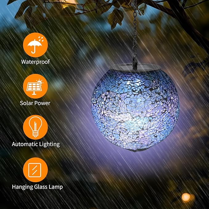 VCUTEKA Solar Chandelier Outdoor, Hanging Mosaic Solar Lights with Hook Up, Solar Garden Lantern Decor for Yard, Deck and Patio, Blue