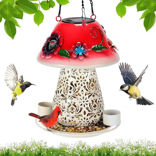 Mushroom Solar Bird Feeders for Outdoors Hanging Metal Wild Bird Feeder Garden Lantern with S Hook for Garden Decoration red