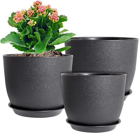 9/8/7.5 inch Plant Pots, Set of 3 Modern Decorative Plastic Planters with Drainage Holes and Tray, Flower Pots for Indoor Outdoor Plants, Black